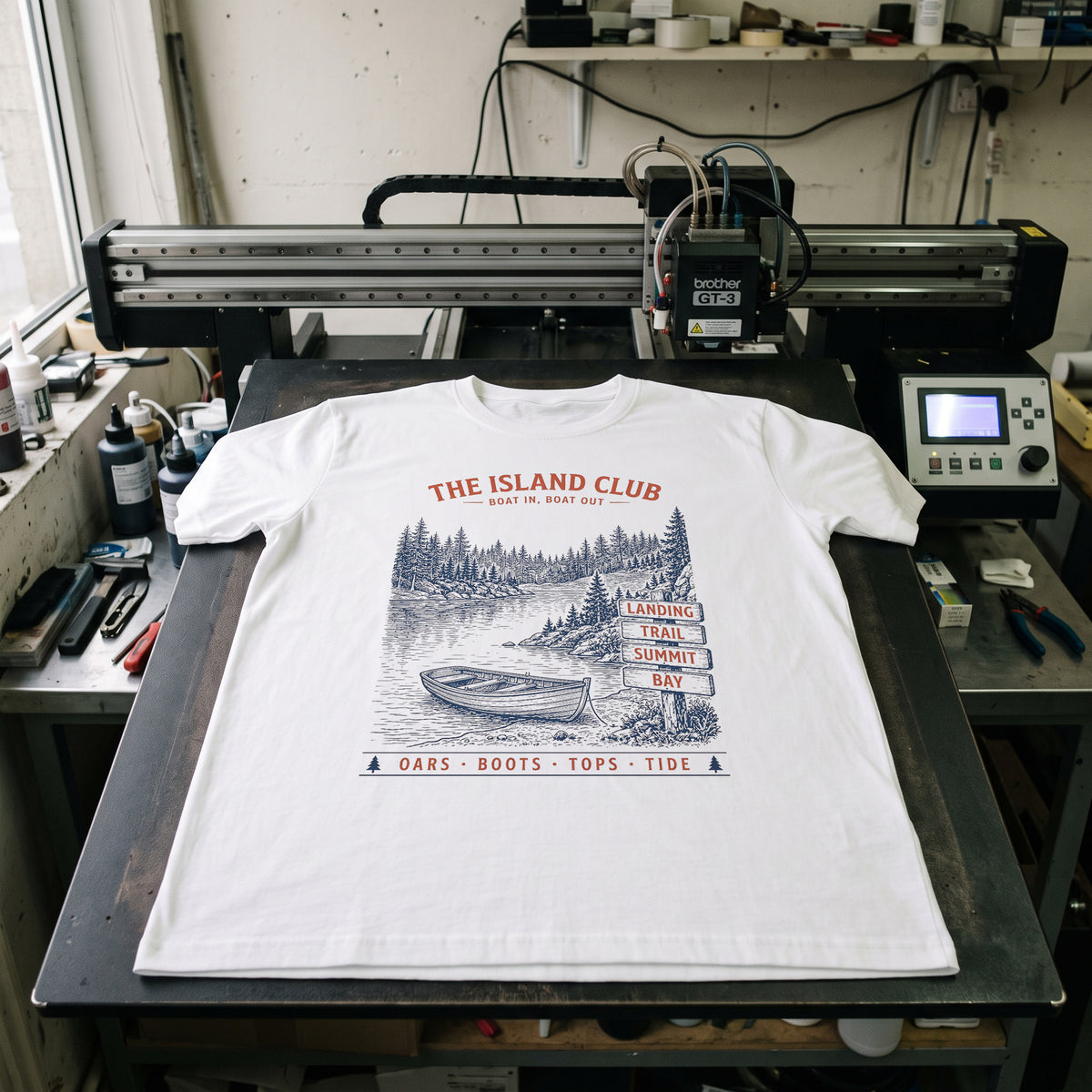 Folded tees on the workshop bench