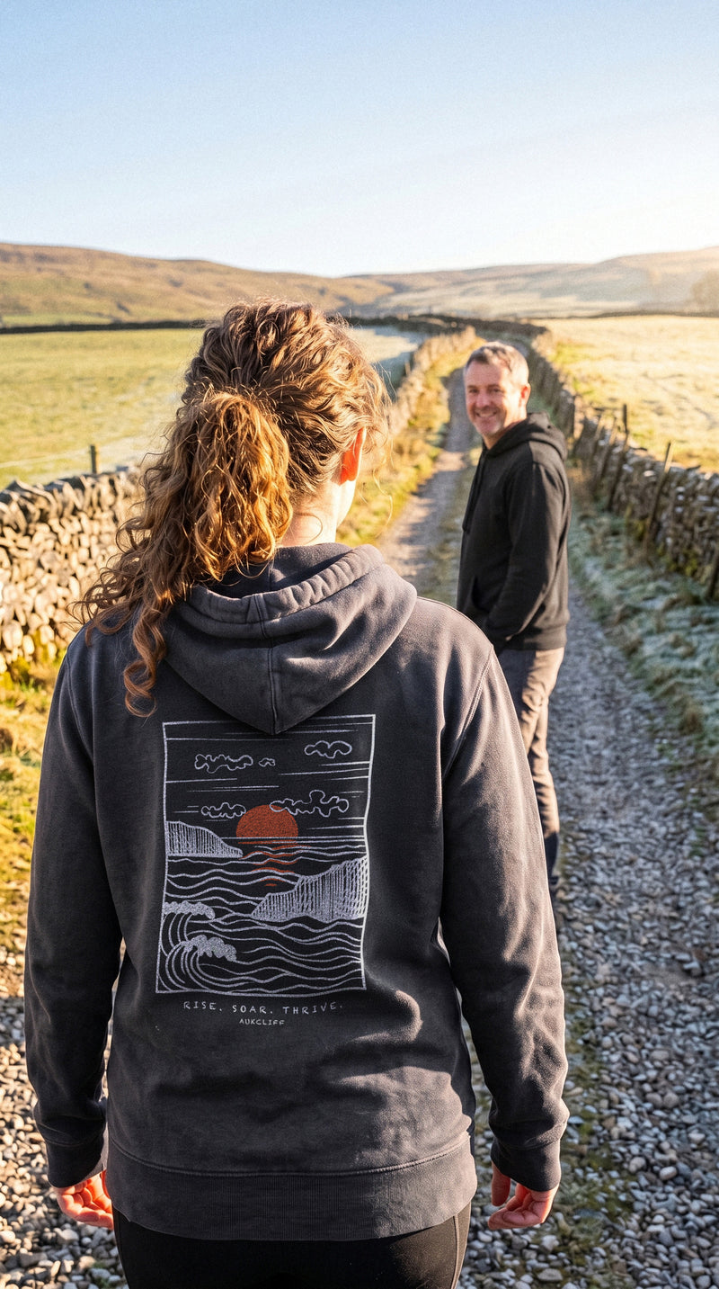 AukCliff back-print hoodie worn outdoors, photo 3