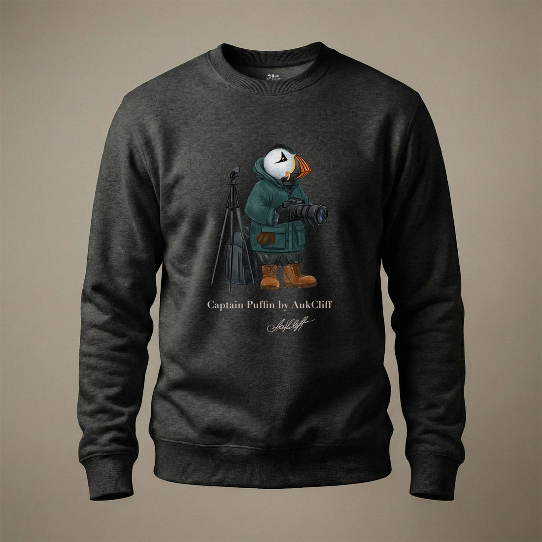 Captain Puffin Wildlife Photographer Sweatshirt - hand-drawn character apparel
