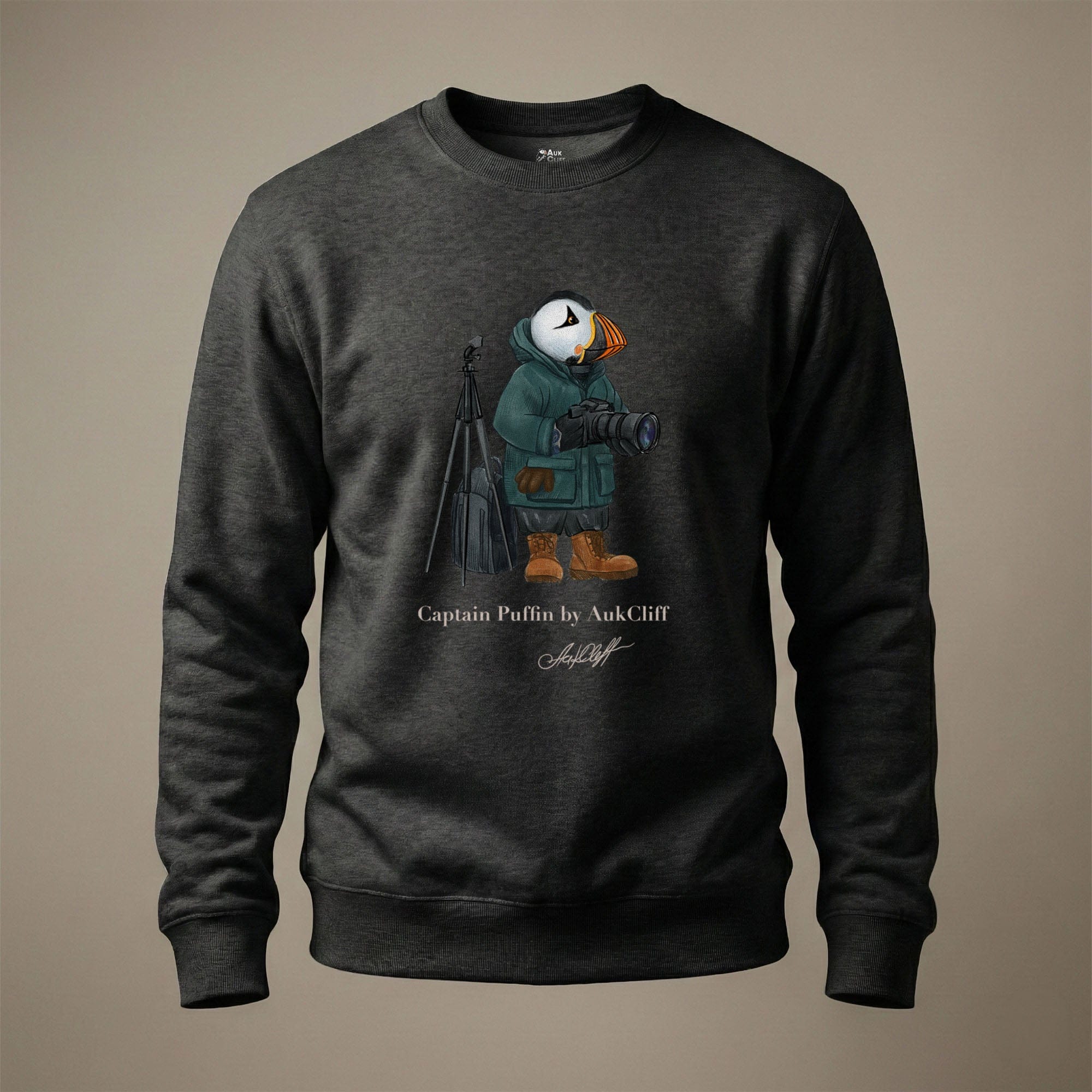 Captain Puffin Wildlife Photographer Sweatshirt - hand-drawn character apparel
