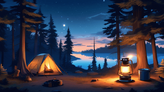 Create an enchanting digital artwork of a serene campsite at twilight, featuring an array of essential camping gear neatly laid out: a glowing lantern, a sturdy backpack, a compact tent, a sleeping ba