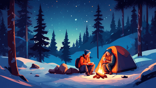 An illustration of two campers sharing a warm drink beside a tent in a snowy forest under a starry night sky, with a cozy campfire and backpacks nearby.