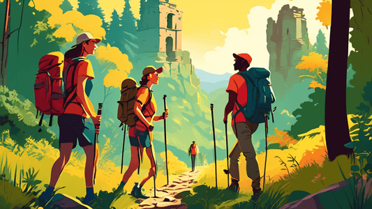 An adventurous group of friends hiking on a scenic historical trail lined with ancient ruins and lush landscapes, wearing backpacks and using trekking poles, in a vibrant, sunlit forest setting.