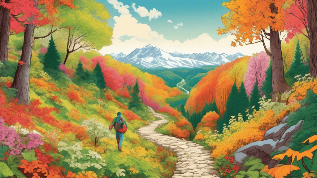 An enchanting panoramic view of a winding nature trail through a dense forest, transitioning through the four seasons: vibrant spring flowers on one end, lush green summer foliage in the middle, autum