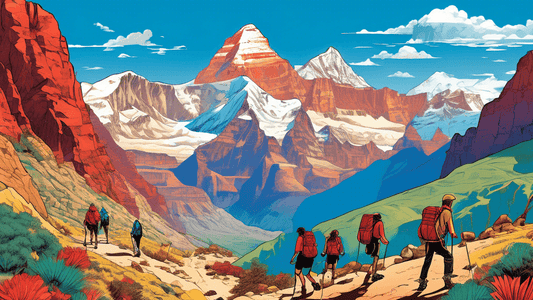 A vibrant, panoramic illustration of diverse landscapes featuring hikers exploring famous trails around the world, including the snowy peaks of Everest Base Camp, the lush vistas of the Inca Trail, an
