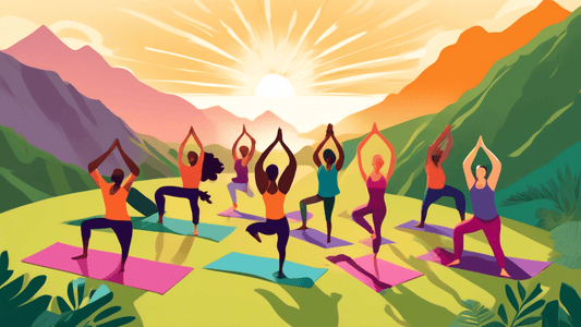 An illustration of a diverse group of people practicing various yoga poses on a scenic mountain trail, surrounded by lush greenery and with a sunrise in the background, depicting a harmonious blend of