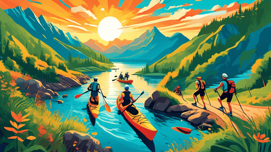 An exhilarating montage of diverse outdoor adventures featuring a group of people hiking in the lush green mountains, kayaking in vibrant blue waters, and mountain biking on a scenic trail at sunset, 
