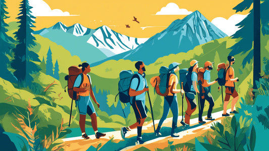 Create an illustration showing a diverse group of hikers trekking through a scenic trail in a lush, vibrant forest. They are wearing matching t-shirts with an inspirational logo and carrying eco-frien