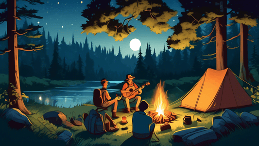 An idyllic campsite set in a lush forest clearing at dusk, featuring a cozy tent lit from within, a crackling campfire surrounded by a group of friends roasting marshmallows, a nearby stream reflectin