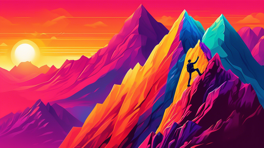 Digital artwork of a climber reaching the summit of a colorful, surreal mountain peak during a competitive climbing event, with spectators cheering from below, under a vibrant sunset sky.