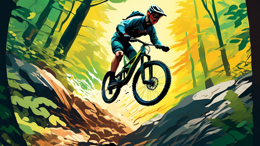 An adrenaline-packed scene of a mountain biker in mid-air over a rocky trail, surrounded by a lush forest with sunlight streaming through the trees, captured in a dynamic, high-energy style.