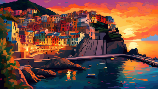 Vivid sunset over the colorful cliffside villages of Cinque Terre, Italy, with small boats floating on the serene sea and tourists wandering along the scenic coastal path.