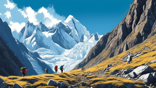 Stunning panoramic view of the Santa Cruz Trek in the Cordillera Blanca, Peru, featuring hikers on a lush, scenic trail with towering, snow-capped mountains in the background and a clear blue sky abov