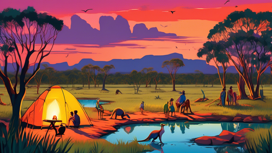 An enchanted evening scene showing a small family setting up a campsite near a billabong in Kakadu National Park, with native Australian wildlife such as kangaroos and colorful parrots visible, and th