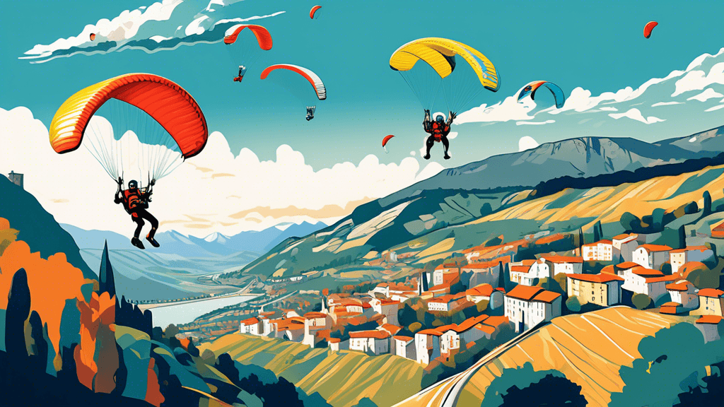 An exhilarating montage of thrill-seekers paragliding over the French Alps, bungee jumping from the Millau Viaduct, and kayaking on the Verdon Gorge, set against the scenic backdrop of the French coun