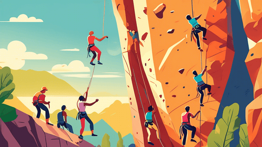 An illustration of a diverse group of beginners learning to rock climb on a sunny day at a scenic outdoor climbing spot, with an experienced instructor demonstrating techniques.