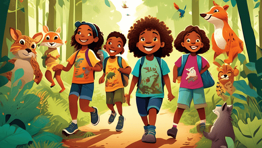 A vibrant, playful illustration of a group of diverse children wearing animal-themed t-shirts, each depicting a different forest animal, enthusiastically hiking and exploring a lush, detailed forest t