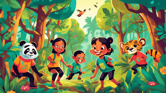 A group of children exploring a lush forest, wearing vibrant, animal-themed vegan t-shirts, with designs like pandas, tigers, and monkeys, engaging in fun activities like climbing trees and following 