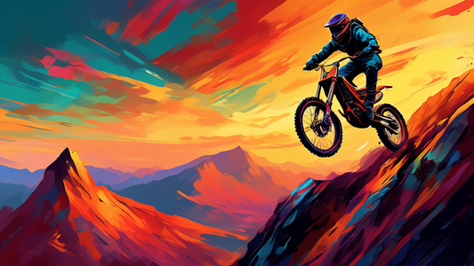 An adrenaline-fueled digital painting of a freeride biker executing a dramatic jump over a rugged mountain landscape at sunset, capturing the dynamic motion and intense focus of the rider in vibrant c