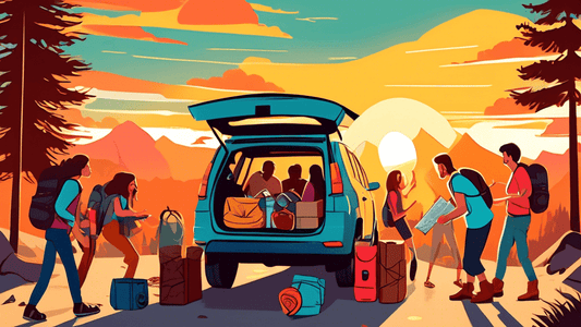 An excited group of friends quickly packing camping gear into a car at sunset, surrounded by scattered maps, a tent, hiking boots, and a cooler, in a suburban driveway.