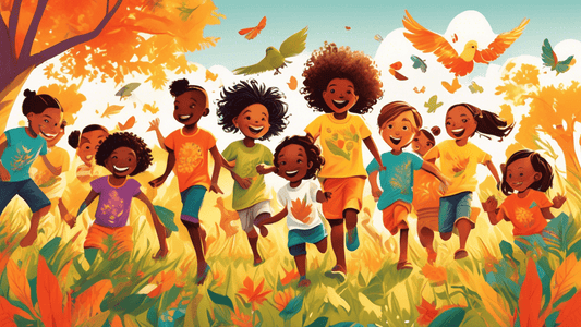 An array of cheerful children of diverse ethnicities, playing in a sunlit meadow, each wearing vibrant, organic cotton t-shirts with intricate nature-inspired designs like leaves, trees, and animals.