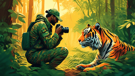 Create a digital artwork of a nature photographer, dressed in camouflage gear, crouched in lush greenery, using a professional camera to photograph a vibrant, majestic tiger in a serene forest at gold