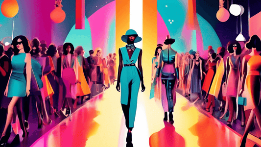 An eclectic fashion show runway with models showcasing a diverse mix of futuristic and vintage clothing styles, surrounded by a bustling crowd of fashion enthusiasts and photographers, under bright, c