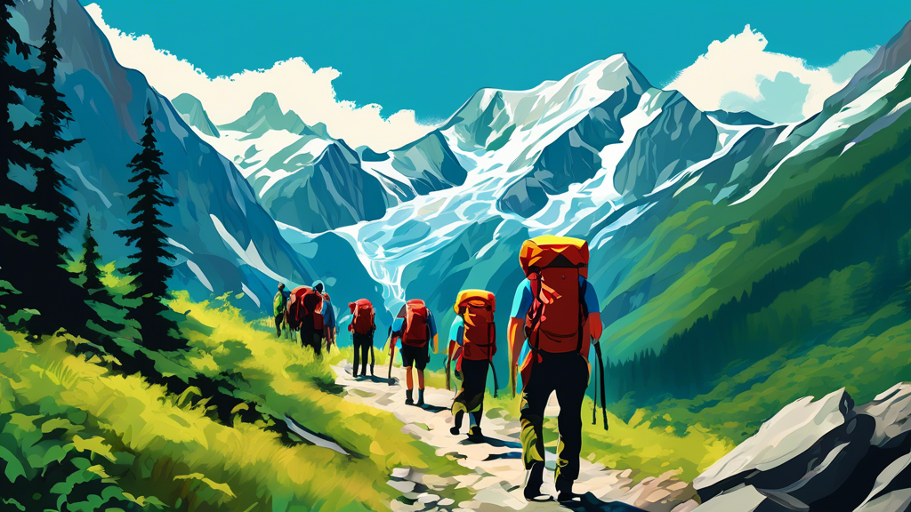 Digital painting of a group of hikers with backpacks trekking along the scenic Chilkoot Trail, surrounded by lush greenery and dramatic mountain landscapes, under a clear blue sky in summer.