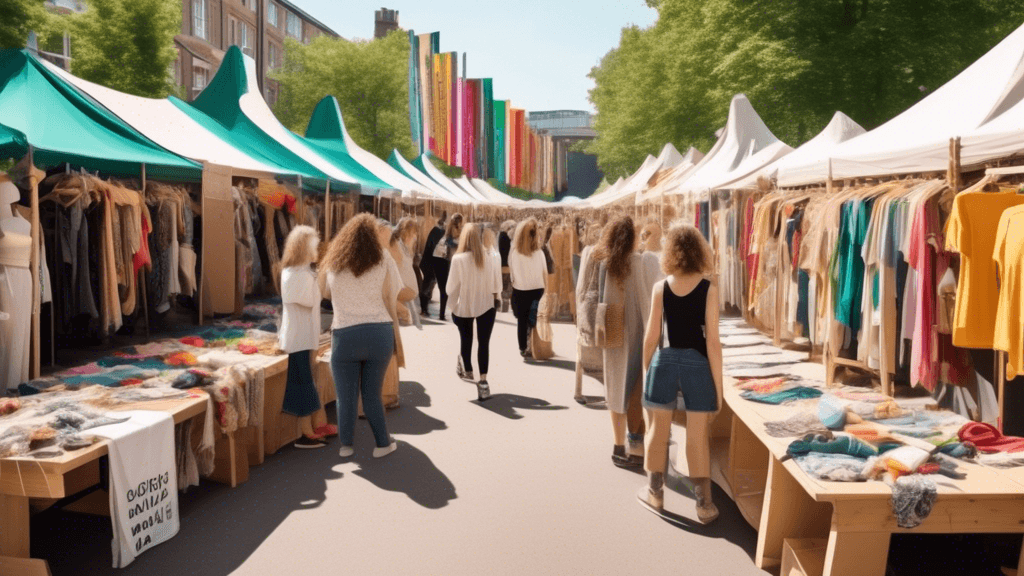 Create an image of a vibrant, bustling outdoor fashion market with stalls made of recycled materials showcasing sustainable clothing options. The market is teeming with diverse people of all ages, exa