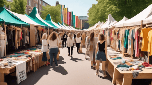 Create an image of a vibrant, bustling outdoor fashion market with stalls made of recycled materials showcasing sustainable clothing options. The market is teeming with diverse people of all ages, exa