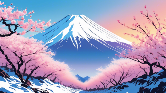 An awe-inspiring scene of hikers exploring the snowy peak of Mount Fuji at sunrise, with cherry blossoms in the foreground and a clear blue sky.
