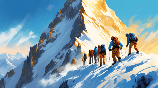 Stunning digital painting of a diverse group of climbers scaling a breathtakingly beautiful and towering snow-capped mountain under a clear blue sky, with golden sunlight illuminating the peak and sur