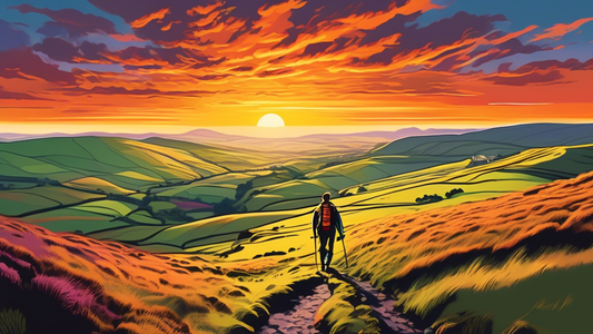 Vivid, panoramic view of a hiker with a backpack standing on the picturesque, rolling hills of the Pennine Way, capturing the essence of a dramatic sunrise that illuminates the vast, wild landscape of