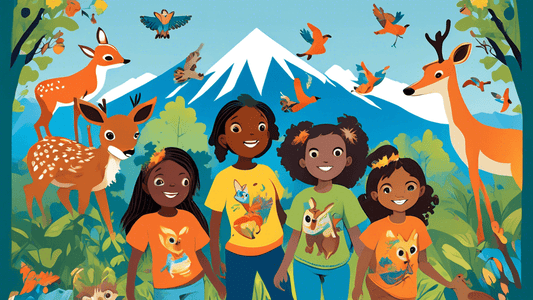 Create an image of a joyful group of multicultural children wearing colorful animal-themed t-shirts, playing and exploring in a lush, vibrant forest setting, with each shirt featuring a different wood