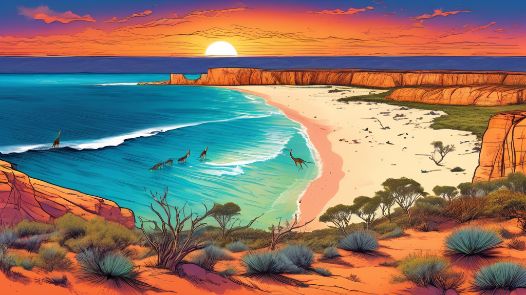 Stunning panorama of Cape Range National Park, showcasing diverse camping spots along its coastline, with kangaroos grazing in the foreground, majestic limestone cliffs and the pristine waters of the 