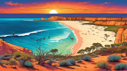 Stunning panorama of Cape Range National Park, showcasing diverse camping spots along its coastline, with kangaroos grazing in the foreground, majestic limestone cliffs and the pristine waters of the 
