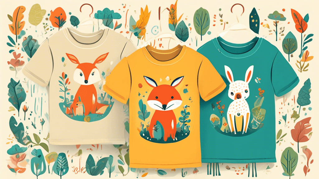 Create an illustration of a series of colorful vegan kids' t-shirts, each featuring charming and playful outdoor animal motifs like foxes, rabbits, and deer in a forest setting, designed in a cute, ca