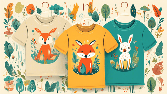 Create an illustration of a series of colorful vegan kids' t-shirts, each featuring charming and playful outdoor animal motifs like foxes, rabbits, and deer in a forest setting, designed in a cute, ca