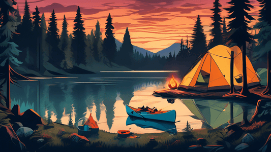 A panoramic image of a scenic campsite at dusk, featuring innovative multifunctional camping gear such including a tent that converts into a kayak, a sleeping bag that doubles as a hiking backpack, an