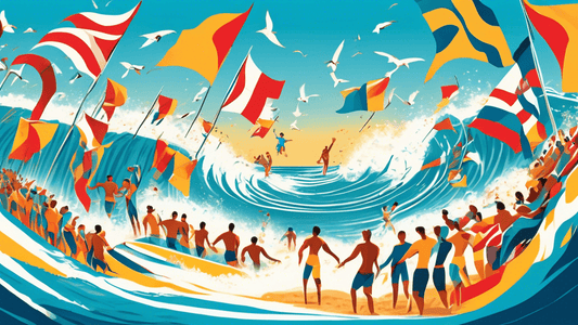 Dynamic illustration of a surfing competition scene with multiple surfers riding large, vibrant waves, spectators cheering excitedly from a sunny beach, flags representing various countries fluttering