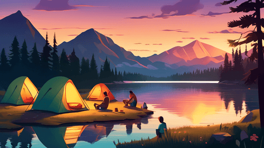 A serene campsite illuminated by the soft glow of sunset during the summer solstice, with a group of cheerful friends setting up tents near a calm lake surrounded by lush forests and mountains in the 