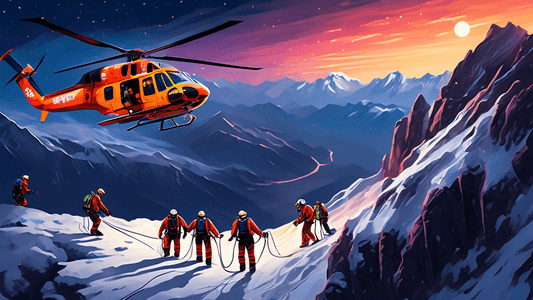 An intense digital painting depicting a mountain rescue operation at dusk, featuring rescue workers using ropes and harnesses to retrieve an injured hiker off a steep, snowy cliff, with a rescue helic