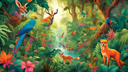 A vivid and detailed depiction of a bustling tropical rainforest, showcasing a diverse array of animals including a colorful parrot, a sly fox, and a majestic deer, all coexisting peacefully amidst lu