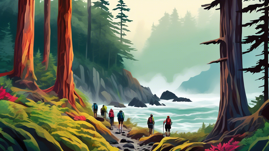 An awe-inspiring digital painting showcasing a group of diverse hikers exploring the rugged and beautiful scenery of the Juan de Fuca Marine Trail in Canada, featuring towering trees, a misty coastlin