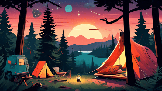 An enchanting illustrated scene of a campsite at twilight, with creatively designed camping gear such as a glowing tent, a multi-functional Swiss army knife, collapsible solar lanterns, and a hammock 