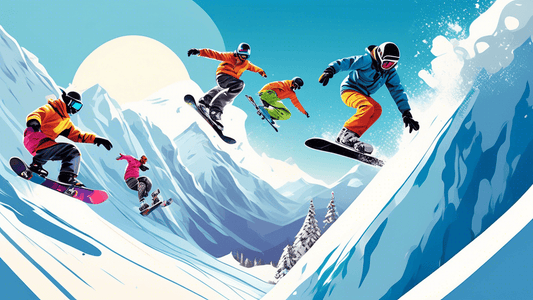 Dynamic action-packed scene of a high-stakes snowboard competition, featuring a vibrant, diverse group of snowboarders executing breathtaking tricks on a snowy mountain slope under clear blue skies.