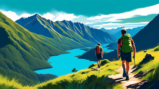 Digital painting of hikers on the Kepler Track in New Zealand, showcasing sweeping views of lush green forests, vibrant blue lakes, and towering mountains in the background, under a clear blue sky.
