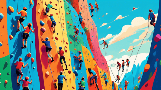 A vibrant digital painting of a diverse group of people of various ages and ethnicities climbing an immense, colorful climbing wall that seamlessly blends into a stunning, surreal landscape in the bac