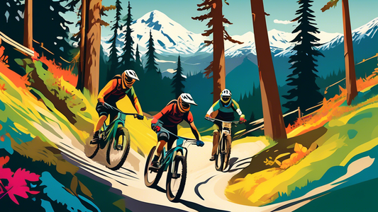 An exhilarating scene of mountain bikers racing down vibrant, lush trails at Whistler Bike Park, with panoramic views of snow-capped mountains and dense, sunlit pine forests in the background.