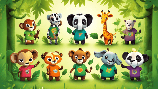 A vibrant digital artwork showcasing a series of five adorable, cartoon-style animal characters each wearing a colorful t-shirt with an inspiring quote. The animals, including a lion, elephant, giraff